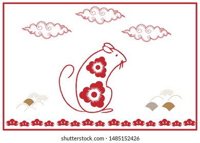 Chinese new year 2020 year of the rat, red and gold line rat character, simple hand drawn asian elements with craft style on background. (Chinese translation: Happy chinese new year 2020, year of rat)