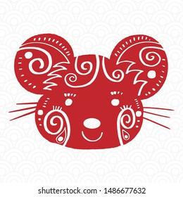 Chinese new year 2020 year of the rat, red and gold line rat character, simple hand drawn asian elements with craft style on background. (Chinese translation: Happy chinese new year 2020, year of rat)