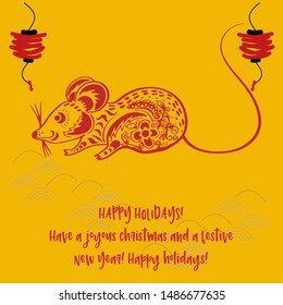 Chinese new year 2020 year of the rat, red and gold line rat character, simple hand drawn asian elements with craft style on background. (Chinese translation: Happy chinese new year 2020, year of rat)
