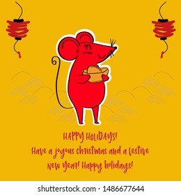 Chinese new year 2020 year of the rat, red and gold line rat character, simple hand drawn asian elements with craft style on background. (Chinese translation: Happy chinese new year 2020, year of rat)
