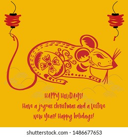 Chinese new year 2020 year of the rat, red and gold line rat character, simple hand drawn asian elements with craft style on background. (Chinese translation: Happy chinese new year 2020, year of rat)