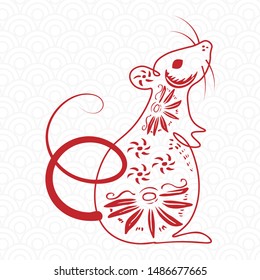 Chinese new year 2020 year of the rat, red and gold line rat character, simple hand drawn asian elements with craft style on background. (Chinese translation: Happy chinese new year 2020, year of rat)