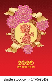 Chinese new year 2020 year of the rat , red and gold paper cut rat character,flower and asian elements with craft style on background. Translation mouse