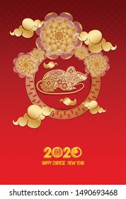 Chinese new year 2020 year of the rat , red and gold paper cut rat character,flower and asian elements with craft style on background. Translation mouse