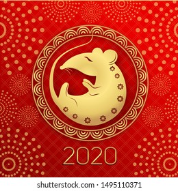 Chinese new year 2020 year of the rat, red and gold paper cut rat character. Chinese New Year greeting card. Golden and red ornament. Zodiac sign for greetings card, invitation, posters, banners, card