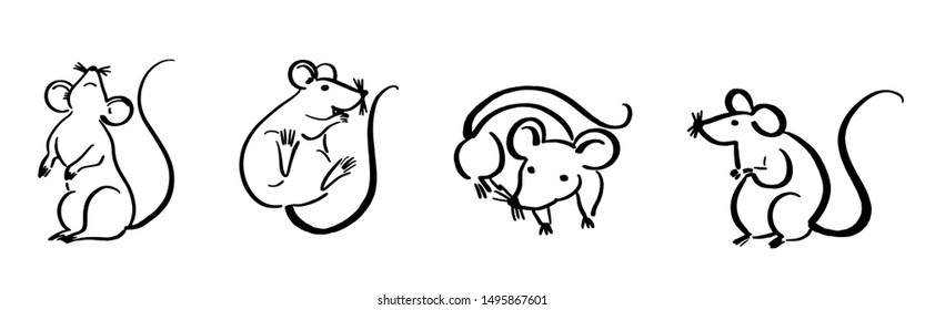 Chinese new year 2020 year of the rat, red and gold line rat character, simple hand drawn asian elements with craft style on background. (Chinese translation: Happy chinese new year 2020, year of rat)