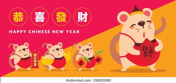 Chinese new year 2020. The year of the rat, cartoon little cute rat character holding chinese red paper with red orange background. Translation: gong xi fa cai - vector illustration banner