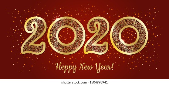 Chinese new year 2020 year of the rat , red and gold paper cut rat character, flower and asian elements with craft style on background.