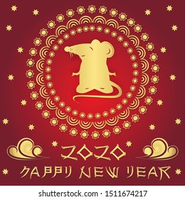 Chinese new year 2020 year of the rat, red and gold paper cut rat character. Chinese New Year greeting card. Golden and red ornament. Zodiac sign for greetings card, invitation, posters, banners, card