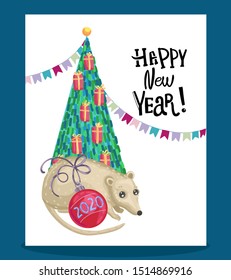 Chinese New Year 2020. The year of the rat. Happy new year lettering. Rat in front of christmas tree. Design for christmas card. Cute hand drawn vector. Flat cartoon illustration on white background.