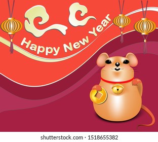 Chinese New Year 2020. Year of the rat. Lucky Feng Shui Rat greeting card template with rat .  vector illustration