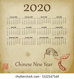 Chinese new year 2020 year of the rat vector illustration. Sketch rat and beans on old paper background and asian elements with craft style. Calendar of chinese year 2020.