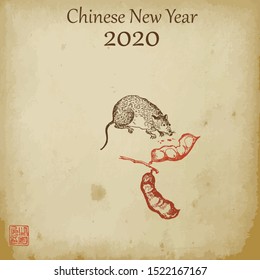 Chinese new year 2020 year of the rat vector illustration. Sketch rat and beans on old paper background and asian elements with craft style. Calendar of chinese year 2020.