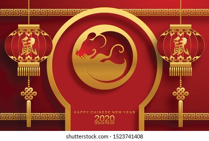 Chinese new year 2020 year of the rat ,red and gold paper cut rat character,flower and asian elements with craft style on background. 
(Chinese translation : Happy chinese new year 2020, year of rat)