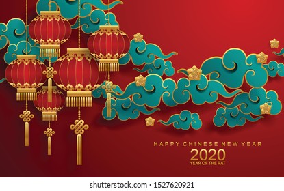 Año nuevo chino 2020 de la rata, papel rojo y oro cortado carácter de rata, flor y elementos asiáticos con estilo artesanal en el fondo. 
 (Traducción china: Feliz año nuevo chino 2020, año de rata)