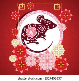 Chinese New Year 2020 year of the rat. flowers and asian elements. Zodiac concept for posters, banners, calendar. 