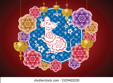 Chinese New Year 2020 year of the rat. flowers and asian elements. Zodiac concept for posters, banners, calendar. 