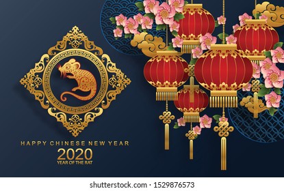 Chinese new year 2020 year of the rat ,red and gold paper cut rat character,flower and asian elements with craft style on background. 
(Chinese translation : Happy chinese new year 2020, year of rat)