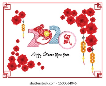 Chinese New Year 2020 year of the rat. flowers and asian elements. Zodiac concept for posters, banners, calendar. (Chinese translation: Rat).
