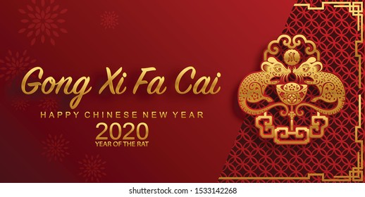 Chinese new year 2020 year of the rat ,red and gold paper cut rat character,flower and asian elements with craft style on background. 
(Chinese translation : Happy chinese new year 2020, year of rat)