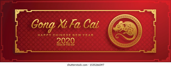Chinese new year 2020 year of the rat ,red and gold paper cut rat character,flower and asian elements with craft style on background. 
(Chinese translation : Happy chinese new year 2020, year of rat)