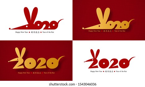 Chinese New Year 2020 of the Rat. Vector card design set. Hand drawn red - gold rat icon. Zodiac symbol. Chinese hieroglyphs translation: happy new year 2020