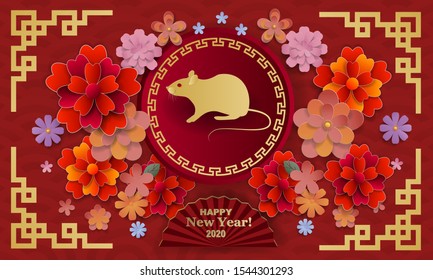 Chinese New Year 2020 with a rat and paper art flowers for greeting, brochure, cards, flyers, calendar, banners. Vector - eps 10.  