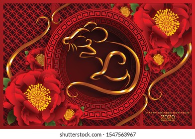 Chinese new year 2020 year of the rat ,red and gold paper cut rat character,flower and asian elements with craft style on background. 
(Chinese translation : Happy chinese new year 2020, year of rat)