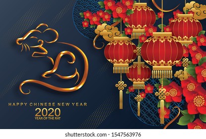 Chinese new year 2020 year of the rat ,red and gold paper cut rat character,flower and asian elements with craft style on background. 
(Chinese translation : Happy chinese new year 2020, year of rat)