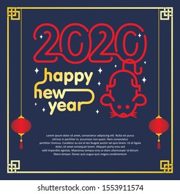 Chinese new year 2020, year of the rat vector background design, related rat and lettering icon, lantern, gold frame and dark blue background