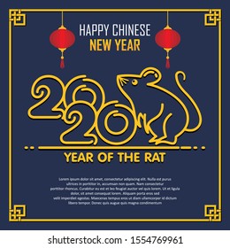Chinese new year 2020, year of the rat vector background design, related rat and lettering icon, lantern, gold frame and dark blue background
