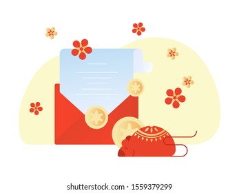 Chinese New year 2020. Rat with red envelope. Symbols of celebration. Vector illustration. Decoration element.