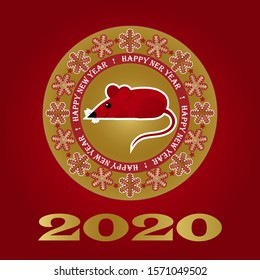 Chinese New Year 2020 year of the rat. The image of a cheerful rat on a red background with a gold ornament of snowflakes. Text Happy New Year. Golden numbers 2020. Isolated vector illustration.