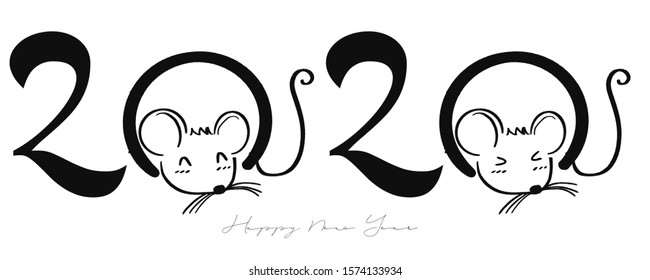 Chinese new year 2020 year of the rat, red and gold line rat character, simple hand drawn asian elements with craft style on background. (Chinese translation: Happy chinese new year 2020, year of rat)