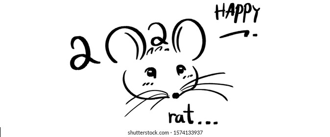 Chinese new year 2020 year of the rat, red and gold line rat character, simple hand drawn asian elements with craft style on background. (Chinese translation: Happy chinese new year 2020, year of rat)