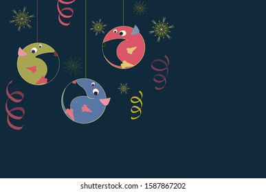 Chinese New year, 2020 year of the Rat. New Year and Christmas tree decorations with pretty cute cartoon rats and snowflakes on dark background.