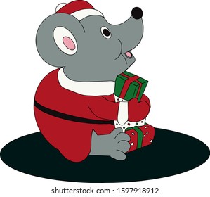 Chinese New Year 2020 year of the rat.  Cute little rat in a Santa suit and with gifts in his hands. Template for design for 2020. Holiday concept. 