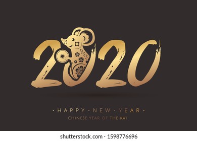 Chinese new year 2020 year of the rat asian style. Black and gold paper cut cute rat or mouse character, coin and asian elements. Chinese calligraphy ink illustration with text in Chinese rat. Vector 