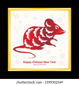 Chinese new year 2020. Year of the rat designed with red and gold rat character, flower and frame - craft style on background. 