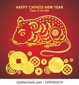 Chinese new year 2020. Year of the rat designed with red and gold rat character, flower and frame - craft style on background. 