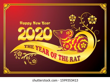 Chinese new year 2020. Year of the rat designed with red and gold rat character, flower and frame - craft style background. 