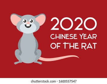 Chinese New Year 2020 year of the rat vector. 2020 Chinese New Year sign on a red background. Adorable rat cartoon character. Cheerful mouse cartoon character. Cute gray mouse icon. Cute rat vector