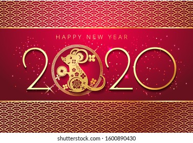 Chinese new year 2020 year of the rat Asian style , red and gold paper cut cute rat or mouse character, coin and Asian elements.