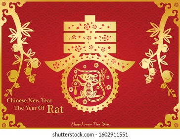 Chinese new year 2020 year of the rat, red and gold paper cut rat character, (Chinese translation )Chinese calligraphy on red paper contain meaning for Chinese New Year wishes