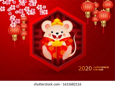 Chinese new year 2020, year or the rat, cartoon mouse hold a big gold ingot with some red lanterns, peach blossoms and growing branches, vector illustration