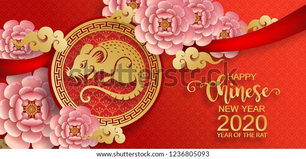 Chinese new year 2020 year of the rat , red\
and gold paper cut rat character, flower and asian elements with\
craft style on background. (Chinese translation : Happy chinese new\
year 2020, year of\
rat)