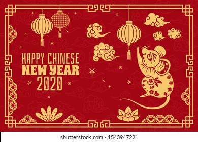 Chinese new year. 2020 red concept with golden rat, traditional orient patterns. Zodiacal mouse calendar symbol vector background with flower asian border