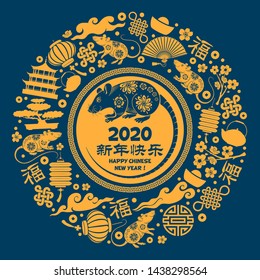 Chinese New Year 2020 round design with rat, zodiac symbol of the year, auspicious traditional and holidays objects. Translate from chinese : Happy New Year, Fu, symbol of Luck. Vector illustration.