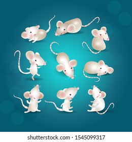 Chinese New Year 2020. Set of white mouses. Cute rats in different poses on turquoise background. For holiday greeting card, invitations, poster, banner, any illustration. Vector illustration.