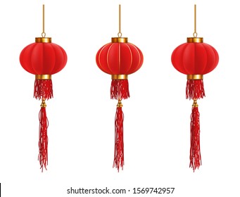 Chinese New Year 2020. Set of three red Chinese lanterns on a white background. Highly realistic illustration.